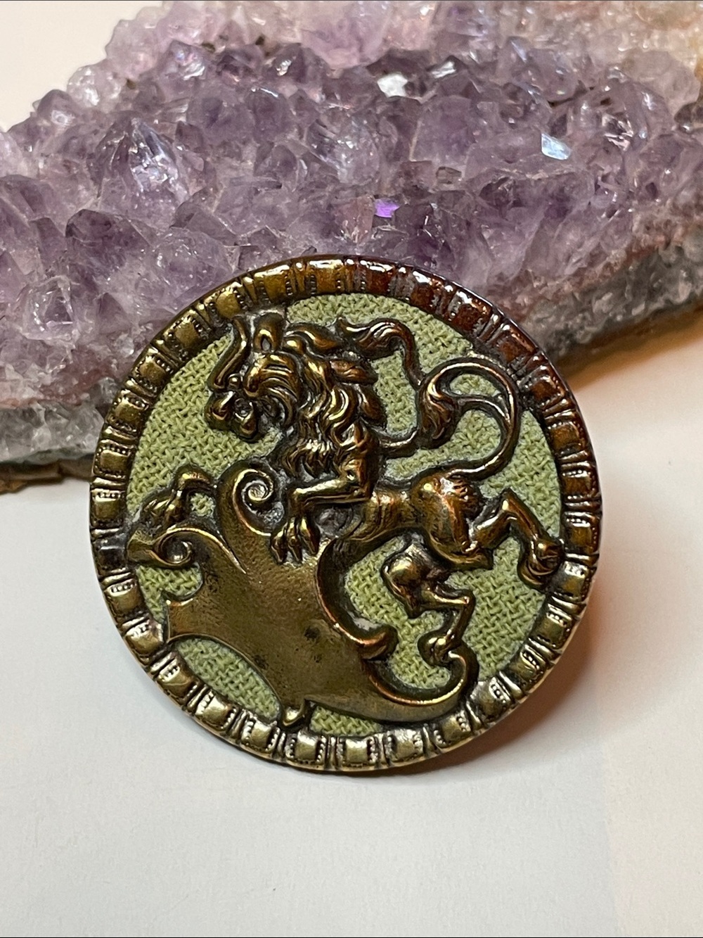 Antique Heraldic Picture Button Brass Rampart Lion Eingetragen Register Germany